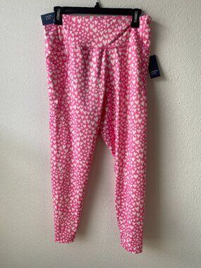 Crown & Ivy Women's Pink White Heart Ankle Leggings Stretch Pockets size L